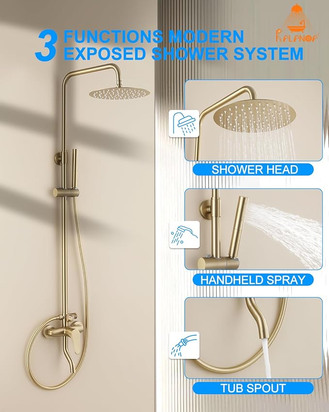 Outdoor Shower Fixture,3 Functions Handle Tub Rainfall Shower Faucet Sets with Dial Thermometer Brass Valve, Exposed Shower System with 10'' Rainfall Shower Head Adjustable (Brushed Gold)