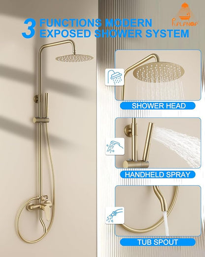 Outdoor Shower Fixture,3 Functions Handle Tub Rainfall Shower Faucet Sets with Dial Thermometer Brass Valve, Exposed Shower System with 10'' Rainfall Shower Head Adjustable (Brushed Gold)