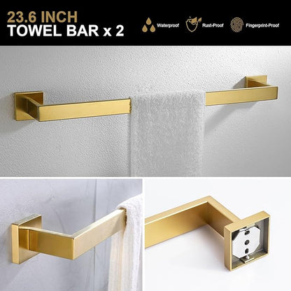 Brushed Gold Towel Bar Set, Lava Odoro 5-Piece Bathroom Hardware Set Gold Towel Rack Towel Holder Set Wall Mounted Stainless Steel, Bathroom Accessories Kit, 23.6-Inch