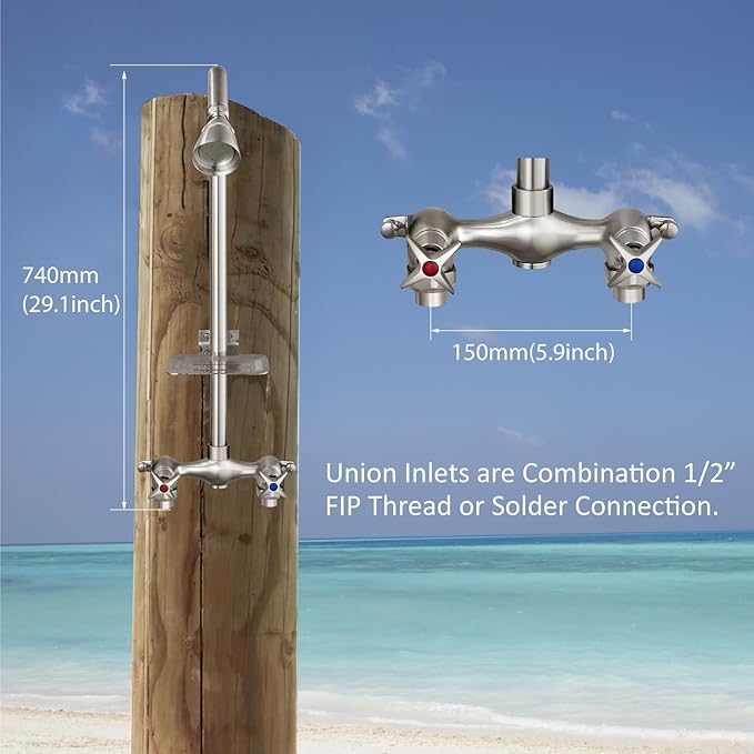 Aolemi Outdoor Shower Kit Fixtures Faucet System with High Pressure Showerhead Utility 2-Handle Exposed Shower with Brass Mix Valve 6 Inch Center with Soap Dish Brushed Nickel