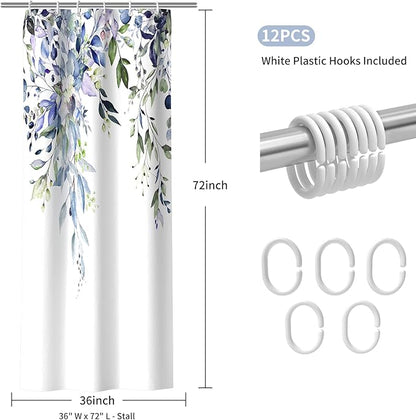 Colorful Star Green Eucalyptus Waterproof Shower Curtain Set with Hooks, Minimalist Watercolor Floral Print Bathroom Décor, Plant Leaves Washable Fabric Shower Curtain, 36 x 72 Inch