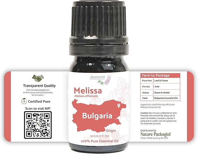 Melissa Essential Oil - Direct from Bulgarian Sustainable Farms - Steam Distilled - Aceite Toronjil for Aromatherapy, Massage, Diffuser, DIY Candle and Soap Making - 5ml