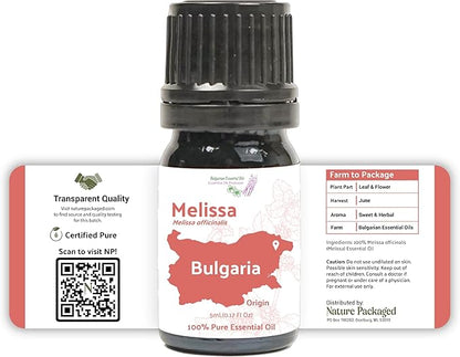 Melissa Essential Oil - Direct from Bulgarian Sustainable Farms - Steam Distilled - Aceite Toronjil for Aromatherapy, Massage, Diffuser, DIY Candle and Soap Making - 5ml