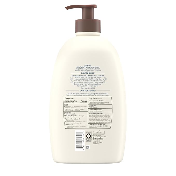 Aveeno Skin Relief Moisturizing Lotion Heals Very Dry, Sensitive Skin, Fast-Absorbing Body Lotion with Triple Oat & Shea Butter, Fragrance Free, Non-Comedogenic, Value Size, 33 fl. oz
