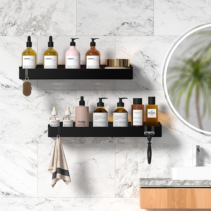 Shower Caddy Black,40cm Adhesive Shower Shelve with Large Capacity, Quick-Dry Metal Bathroom Shelves with 8 Hooks, 2 Pack Drill-Free Rustproof Durable Shower Organizers Rack