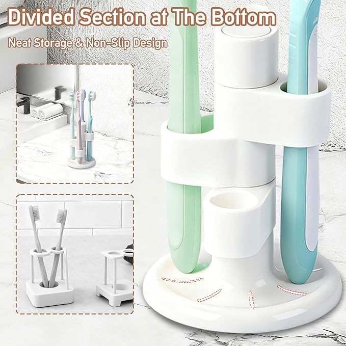 2 Pack 360° Rotating Toothbrush Holder for Bathroom, 4-Slot Toothbrush Storage Organizer with Non-Slip Base, Compact Toothbrush Bathroom Countertop Holders for Family Tooth Brushes, White