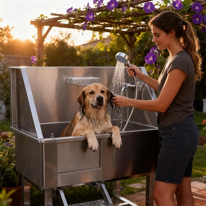 38'' Large Dog Bathtub Stainless Steel, Dog Washing Station, Pet Bathing Station Grooming Bath Tub with Left Ramp & Removable Door & Showerhead & Faucet & Soap Holder for Home Pet Grooming Salon