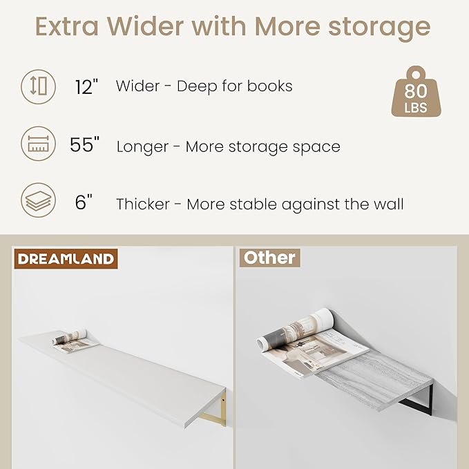 Floating Shelves for Wall, 12 Inch Deep Floating Shelves Set of 2, 55W x 12D Large Wall Shelf with Sturdy Metal Brackets for Living Room, Bathroom, Bedroom and Kitchen, White with Gold Bracket