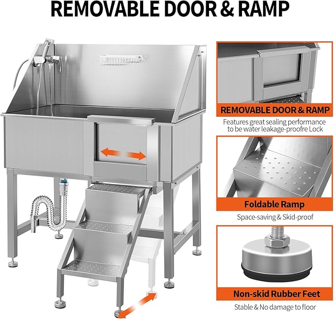 38" Dog Washing Station Large Dogs Grooming Tub Professional Stainless Steel Dog Bathtubs Bathing Tub Pet Washing Station for Home with Steps,R-Door