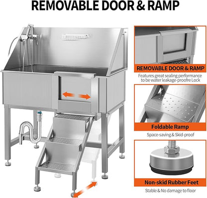 38" Dog Washing Station Large Dogs Grooming Tub Professional Stainless Steel Dog Bathtubs Bathing Tub Pet Washing Station for Home with Steps,R-Door