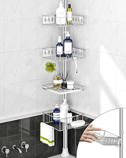 SElRIONE Corner Shower Caddy Tension Pole, Quick Setup, Rust-Free Bathroom Shower Organizer Corner for Bathtub Shampoo Storage, 4-Tier Adjustable Shelf, Drill Free, Fits 34 to 116 Inch Height