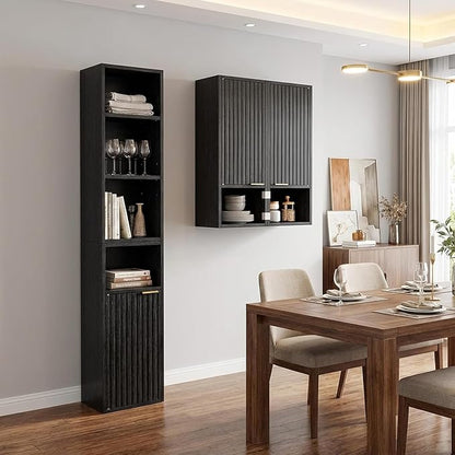 59.1" Tall Slim Bathroom Storage Cabinet Black | Freestanding or Wall Mounted Modular Cabinet, Fluted Panel Linen Tower with Adjustable Shelves for Small Spaces
