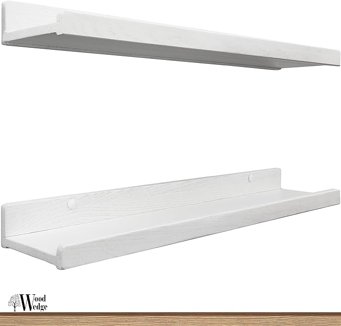 Floating Shelves for Wall 24 inch, Waterproof, Wall Storage Shelves with Lip, Display Picture Ledge Shelf for Living Room Photo Frame, Natural Wood Hanging Book Shelves (White, Set 2)