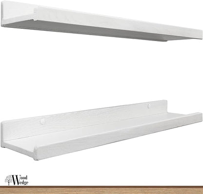Floating Shelves for Wall 24 inch, Waterproof, Wall Storage Shelves with Lip, Display Picture Ledge Shelf for Living Room Photo Frame, Natural Wood Hanging Book Shelves (White, Set 2)