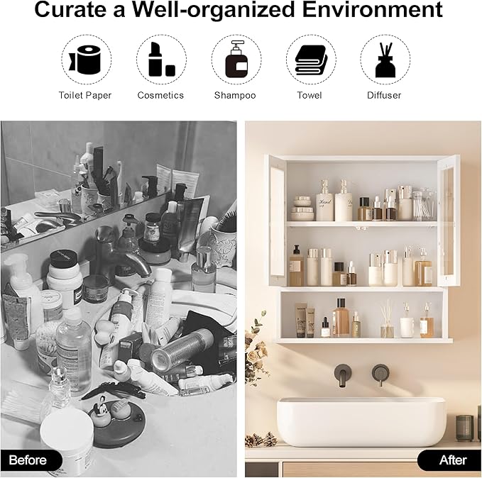Modern Hanging Bathroom Cabinet, Sturdy Wooden Medicine Cabinet with Buffering Hinge & Anti-Scratch Door, Space-Saving Wall Mounted Over Toilet (Acrylic-Insert Panel Door)