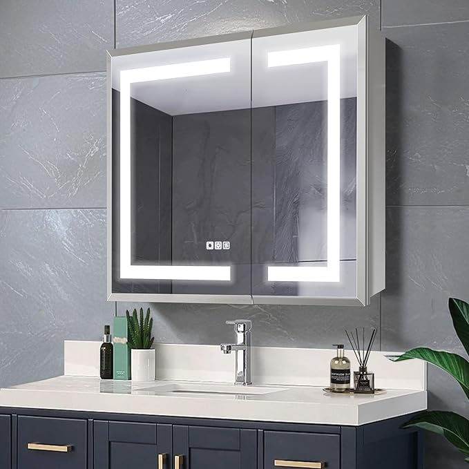 GroGro LED Lighted Bathroom Medicine Cabinet with Mirror, 30" W x 24" H Beveled Edge Medicine Cabinet with Lights,Surface or Recessed Mounting,Defog,Dimming,3-Color Temperature Adjustment