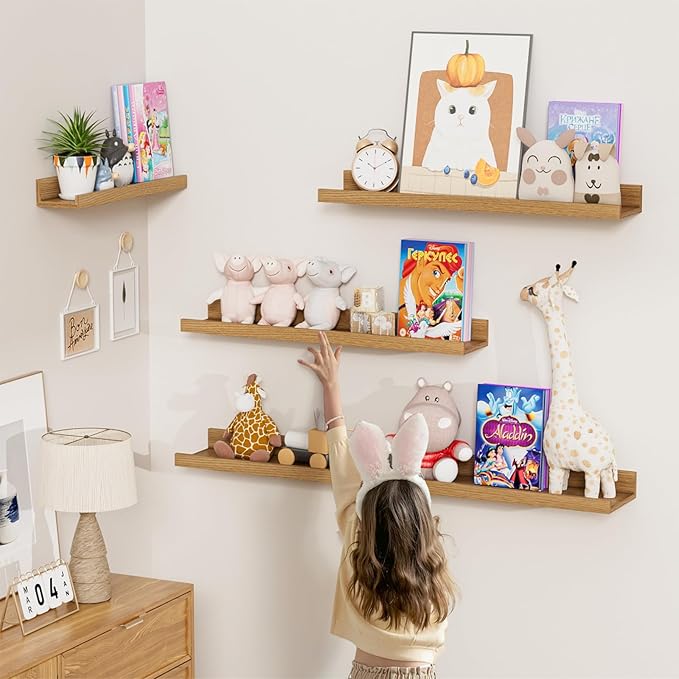 Heimlove Floating Shelves Set of 6, 16" Wall Mounted Picture Ledge, Display Shelf Organizer for Decor Storage, Wall Mounted Shelves for Living Room, Bedroom, Bathroom, Kitchen (Oak)