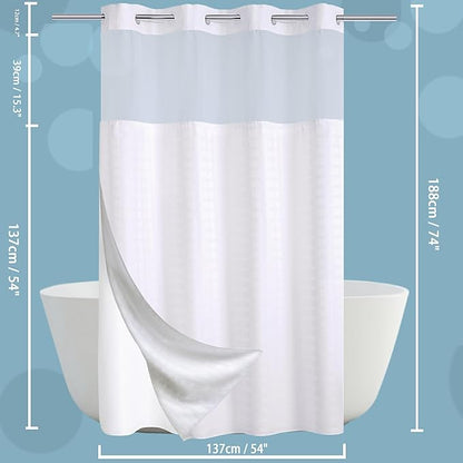 Conbo Mio Stall No Hook Shower Curtain with Snap in Liner Set, Hotel Luxury White Fabric Shower Curtains for Bathroom with See Through Top Window, Washable, Waterproof 54W x 74H