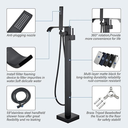Freestanding Bathtub Faucet Matte Black Floor Mounted Tub Filler with Hand Shower Brass High Flow 360 Degree Swivel Standing Spout Mixer Taps
