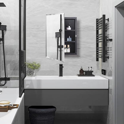 Black Plastic Bathroom Medicine Mirror Cabinet 16 x 22 inch, Surface and Recessed Mount, Beveled Edge Mirror
