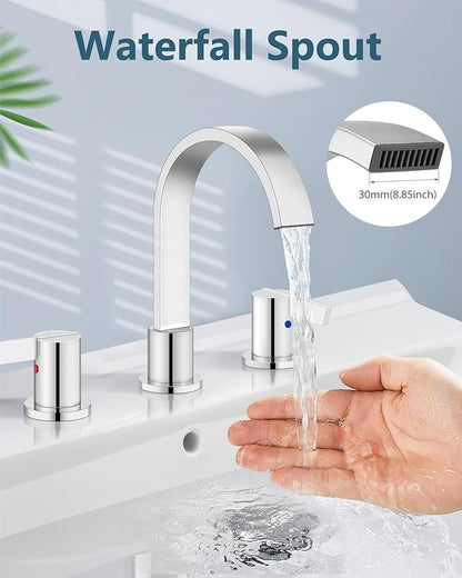 Aolemi Bathroom Faucets 3 Hole,8 Inch Widespread Waterfall Bathroom Sink Faucet,2 Handles Vanity Faucet with Pop-up Drain and Supply Hose,Polish Chrome