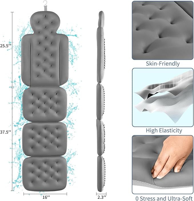 Bath Cushion, Full Body Bathtub Pillow with 160 Suction Cups, Bath Mat for Head and Neck Support, with Laundry Bag (Dark Gray, 60.2" x 16.2")