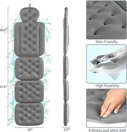 Bath Cushion, Full Body Bathtub Pillow with 160 Suction Cups, Bath Mat for Head and Neck Support, with Laundry Bag (Dark Gray, 60.2" x 16.2")