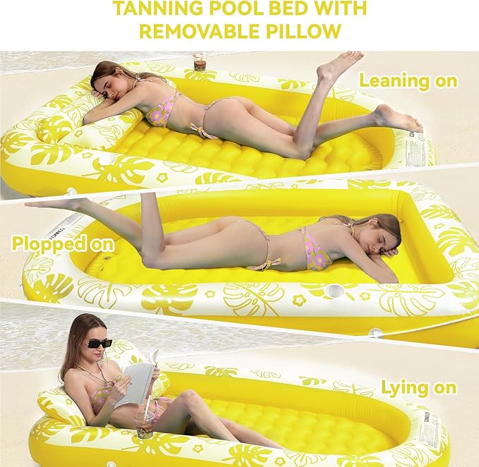 Inflatable Tanning Pool Lounger Float with Cervical Pillow - Pool Floats Adult for Sunbathing, Backyard, Pool Party - Inflate Ball Pit for Babies - Kids Swimming Pool Bed