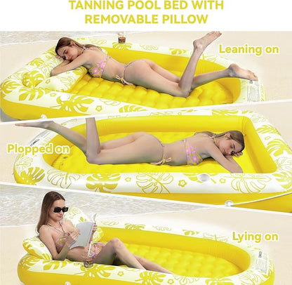 Inflatable Tanning Pool Lounger Float with Cervical Pillow - Pool Floats Adult for Sunbathing, Backyard, Pool Party - Inflate Ball Pit for Babies - Kids Swimming Pool Bed