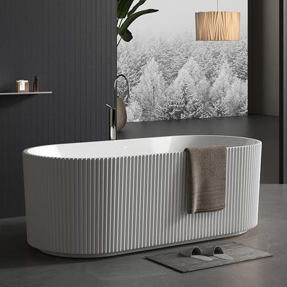 67 Inch Acrylic Freestanding Bathtub with Textured Stripes, Deep Soak Tub, Space-Saving, Glossy Surface, Luxury Spa Design for Modern Bathrooms