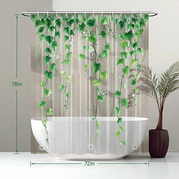 Clear Green Ivy Leaves Shower Curtain Liner, Transparent Plastic Nature Green Botanical Leaf Decorative Waterproof Shower Curtains for Bathroom, 72x78 Weighted Magnetic Shower Curtain Liner with Hooks