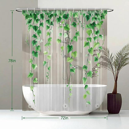 Clear Green Ivy Leaves Shower Curtain Liner, Transparent Plastic Nature Green Botanical Leaf Decorative Waterproof Shower Curtains for Bathroom, 72x78 Weighted Magnetic Shower Curtain Liner with Hooks