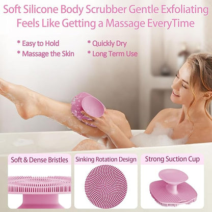Soft Silicone Body Scrubber, Gentle Like a Hand Exfoliating Your Skin and Build Up Lather, Back Large Suction Cup Easy to Store, & Deep Clean (Body Scrubber + Face Scrubber Pink)