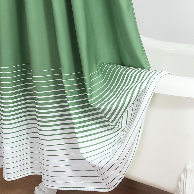90 Inch Green Shower Curtain, Extra Long Sage Green and White Gradient Horizontal Stripe Waterproof Polyester Shower Curtains for Bathroom, 72x90 Inches
