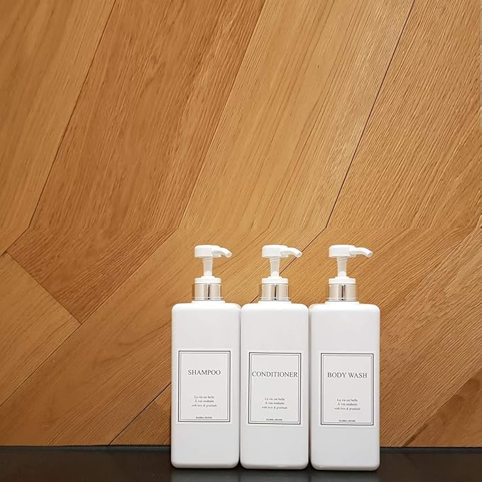 Modern Design Shampoo and Conditioner Dispenser, Large 27oz Shower Soap Dispenser, Set of 3 Refillable Empty Plastic Pump Bottles for Bathroom (6 Waterproof Labels Included), White & Silver