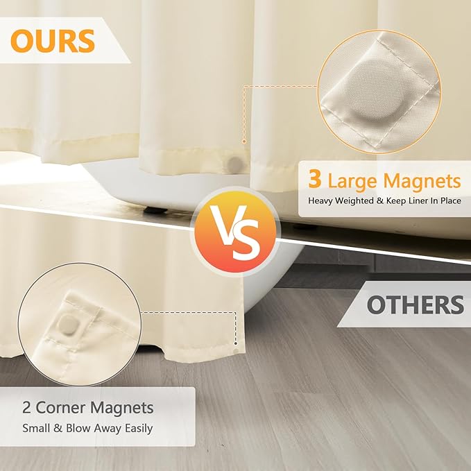 Waterproof Fabric Long Shower Curtain Liner with 3 Extra-Large Magnets, 72 x 78 inch Extra Long Cream Cloth Shower Liner Machine Washable, Hotel Quality Lightweight Shower Curtain for Bathroom