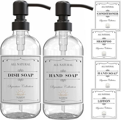 2 Pack Clear Glass Soap Dispenser 16 OZ with Matte Black Stainless Steel Pump, Hand and Dish Soap Dispenser Set for Bathroom and Kitchen Sink with 6 Waterproof Labels