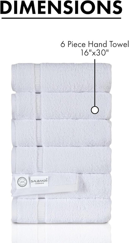 SALBAKOS 100% Turkish Cotton Hand Towel Set of 6 16x30 inch | Heirloom Quality | Hotel & Spa Collection | Ultra Soft, Super Absorbent, Long Lasting Hand Towels | Made in Turkey (White, 6 Hand Towels)