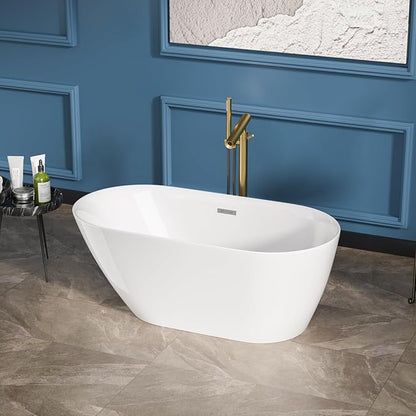 Sarlai 59 Inch Acrylic Freestanding Soaking Bathtub Contemporary Soaking White Tub Stand Alone Ergonomic Bathtub with Chrome Drain and Overflow