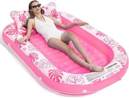 Inflatable Tanning Pool Lounger Float with Cervical Pillow - Pool Floats Adult for Sunbathing, Backyard, Pool Party - Inflate Ball Pit for Babies - Kids Swimming Pool Bed
