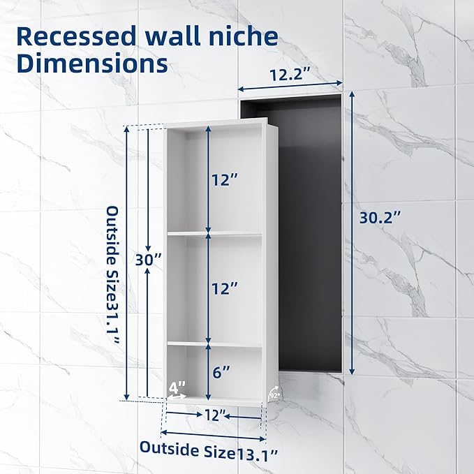 Neodrain 12X30 Inch White Three Layers Stainless Steel Shower Niche, NO Tile Needed Recessed Niche Shelf for Bathroom Storage, 3-Tier Recessed Built-in Wall Niche
