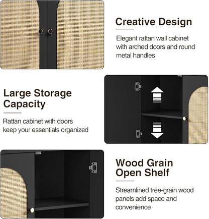 Rattan Bathroom Wall Cabinet, Boho Medicine Wall Cabinet with Double Doors and Adjustable Shelves, Tall Kitchen Wall Mounted Storage Cabinet, Floating Space Saver Over Toilet, Black