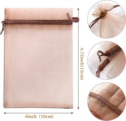 Hopttreely 100pcs Organza Bags, Light Brown 4''x4.72''(10x12cm) Satin Drawstring Organza Pouch Wedding Party Favor Gift Bag Jewelry Watch Bags