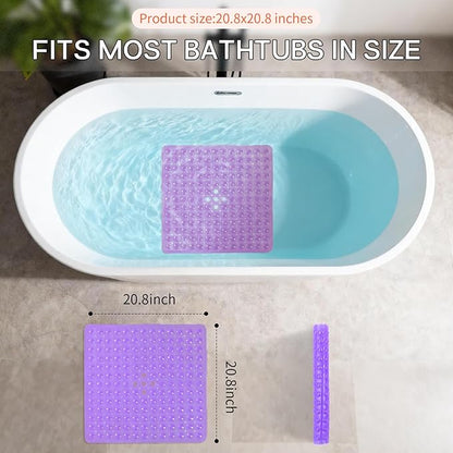 Anti-Slip Bathtub Shower mat, 20.8×20.8（Approximately 53×53cm） inch Soft Oversized Machine Washable Non-Slip Bathtub mat with Drainage Holes, Bathroom Floor Suction Cup.（1- Clear Purple）