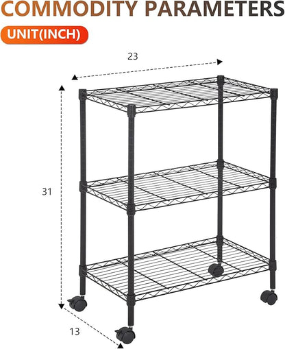 BestOffice | 3-Tier Wire Storage Shelves with Wheels | 23x13x31 | Black | Adjustable Racks | Heavy-Duty Metal Shelf, Holds Upto 170 lbs | No-Tool Assembly | Ideal for Home & Garage Shelving