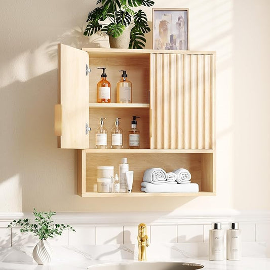 VINGLI Fluted Modern Medicine Cabinet,Bathroom Wall Cabinet Over Toilet Storage, Upper Floating Countertop Storage for Bathroom, Laundry Room,Small Hanging Kitchen Wall Cabinets (Natural Oak Color)