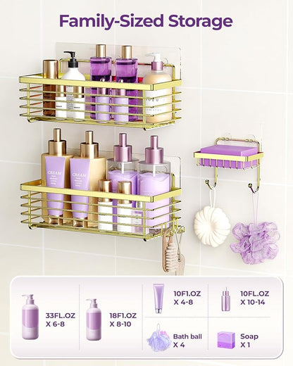 ODesign Shower Caddy 3 Pack SUS304 Stainless Steel-No Drilling-Shower Bathroom Shelves Rack,Rustproof Wall Mounted,Adhesive Shower Shelf Basket Organizer-Golden