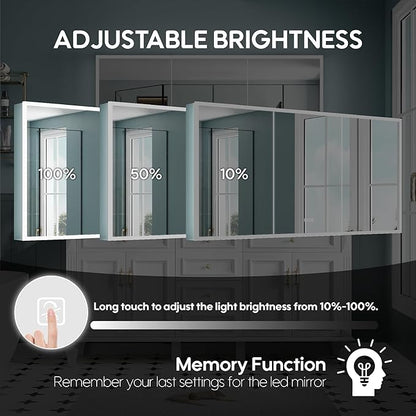 WELLFOR 60" X 30" LED Mirrored Bathroom Cabinet with 3X Magnification Makeup Mirror, Medicine Cabinet with Defog Mirror, Dimmer, Outlets & USB Ports, Bathroom Mirrored Cabinet with Three Opening Doors