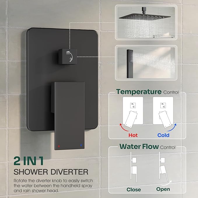 Ceiling Mount Shower System, Black Shower Faucet Set with 12-Inch Rain Showerhead and Handheld Spray Combo, High-Pressure Showerheads Set with Valve and Trim Kit, Matte Black