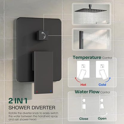 Ceiling Mount Shower System, Black Shower Faucet Set with 12-Inch Rain Showerhead and Handheld Spray Combo, High-Pressure Showerheads Set with Valve and Trim Kit, Matte Black